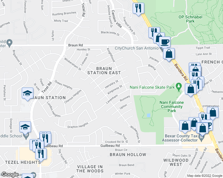 map of restaurants, bars, coffee shops, grocery stores, and more near 8431 Kingsway Street in San Antonio