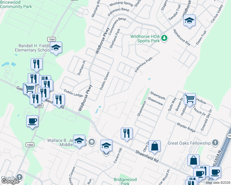 map of restaurants, bars, coffee shops, grocery stores, and more near 9110 Mare Hunt in San Antonio