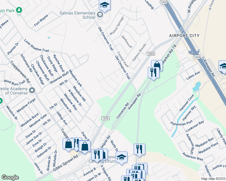 map of restaurants, bars, coffee shops, grocery stores, and more near 9026 Appaloosa Pass in Converse