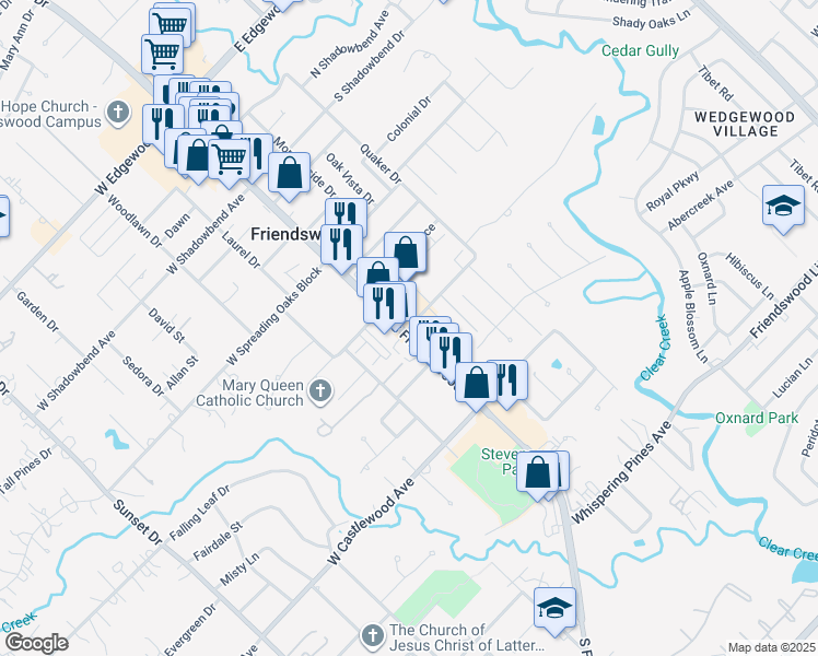 map of restaurants, bars, coffee shops, grocery stores, and more near 115 Clearview Avenue in Friendswood