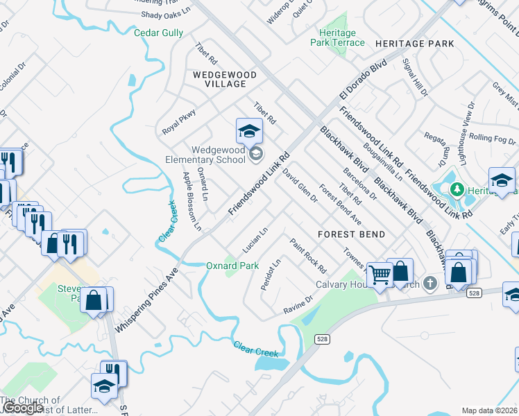 map of restaurants, bars, coffee shops, grocery stores, and more near 4111 Hibiscus Lane in Friendswood