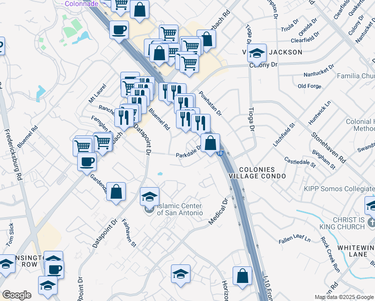 map of restaurants, bars, coffee shops, grocery stores, and more near 3817 Parkdale Street in San Antonio