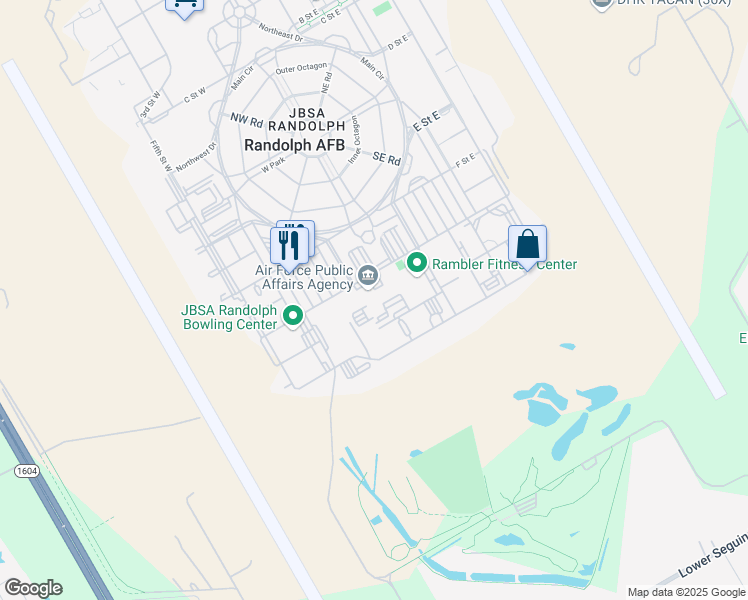map of restaurants, bars, coffee shops, grocery stores, and more near 555 E Street East in JBSA Randolph