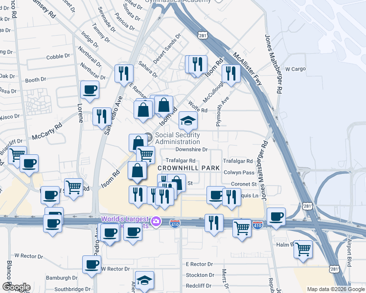 map of restaurants, bars, coffee shops, grocery stores, and more near 303 Downshire Drive in San Antonio