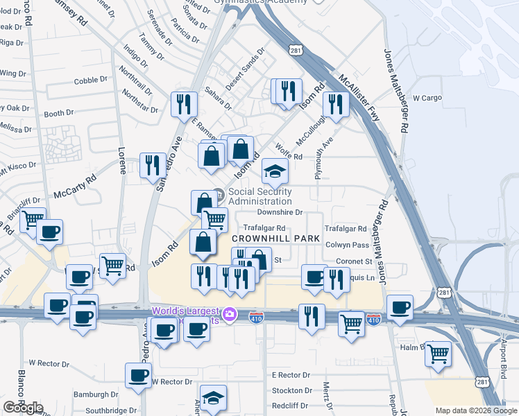 map of restaurants, bars, coffee shops, grocery stores, and more near 303 Downshire Drive in San Antonio