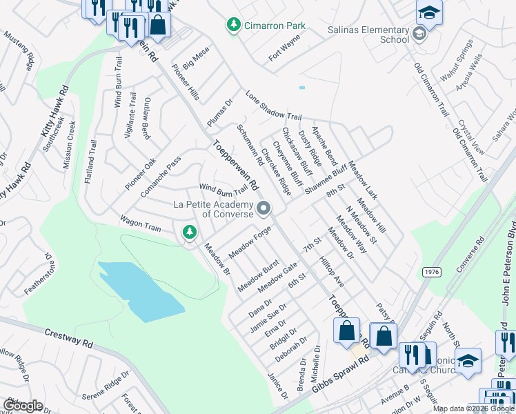 map of restaurants, bars, coffee shops, grocery stores, and more near 907 Toepperwein Road in Converse
