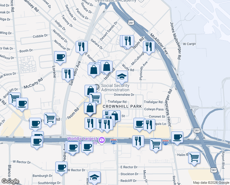 map of restaurants, bars, coffee shops, grocery stores, and more near 303 Downshire Drive in San Antonio
