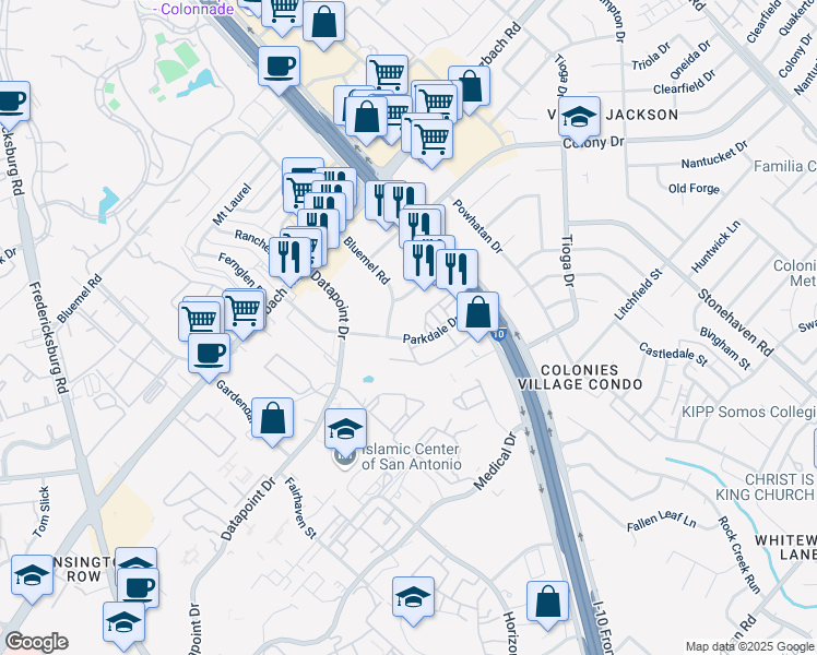 map of restaurants, bars, coffee shops, grocery stores, and more near 3817 Parkdale Street in San Antonio
