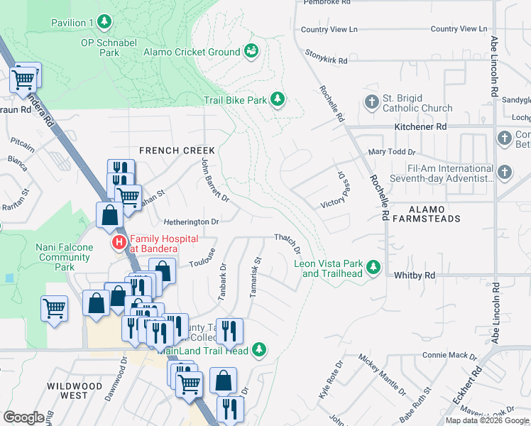 map of restaurants, bars, coffee shops, grocery stores, and more near 8907 John Barrett Drive in San Antonio