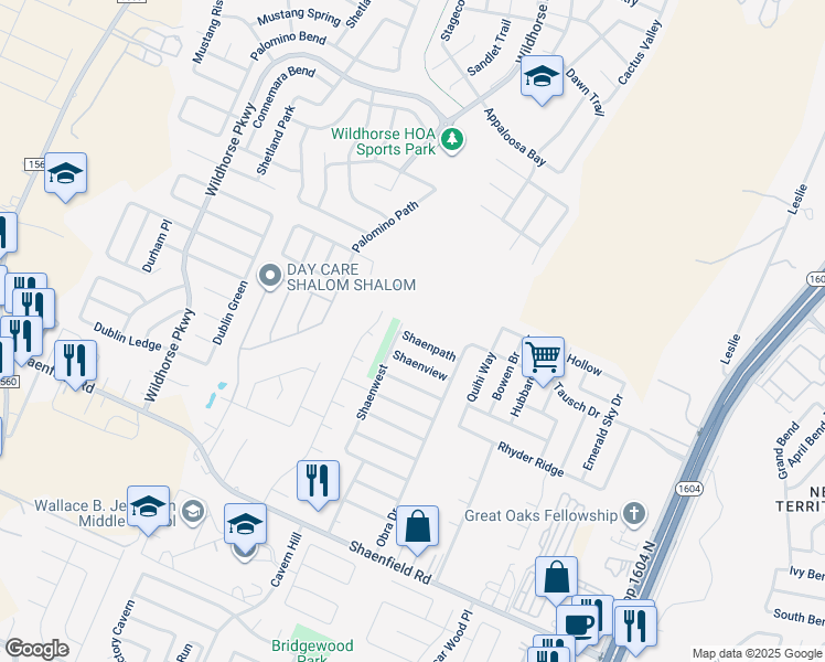 map of restaurants, bars, coffee shops, grocery stores, and more near 10734 Shaenpath in San Antonio