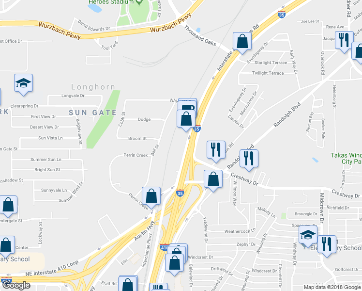 map of restaurants, bars, coffee shops, grocery stores, and more near North Interstate Highway 35 in San Antonio