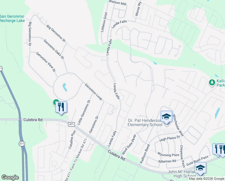 map of restaurants, bars, coffee shops, grocery stores, and more near 15107 Cheshire Way in San Antonio