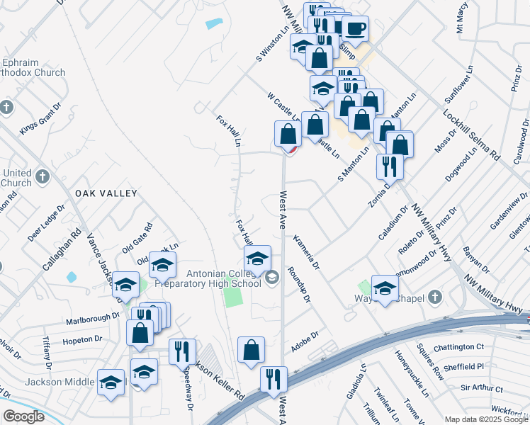map of restaurants, bars, coffee shops, grocery stores, and more near 115 Fox Hall Lane in San Antonio