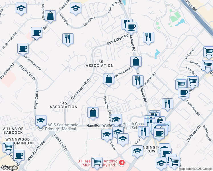 map of restaurants, bars, coffee shops, grocery stores, and more near 15 Cinnamon Creek Drive in San Antonio