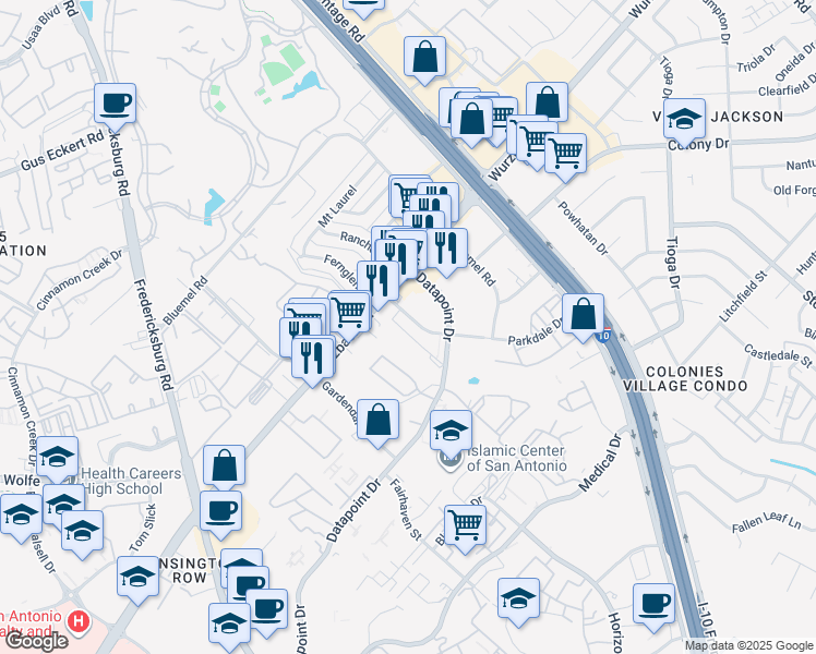 map of restaurants, bars, coffee shops, grocery stores, and more near 4100 Parkdale Street in San Antonio