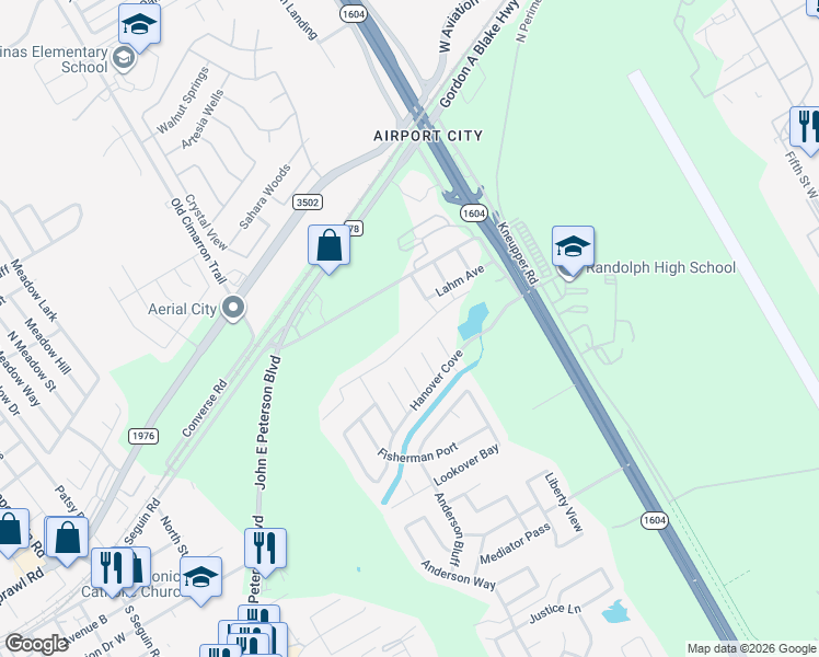 map of restaurants, bars, coffee shops, grocery stores, and more near 9747 Harbor Mist Lane in Converse
