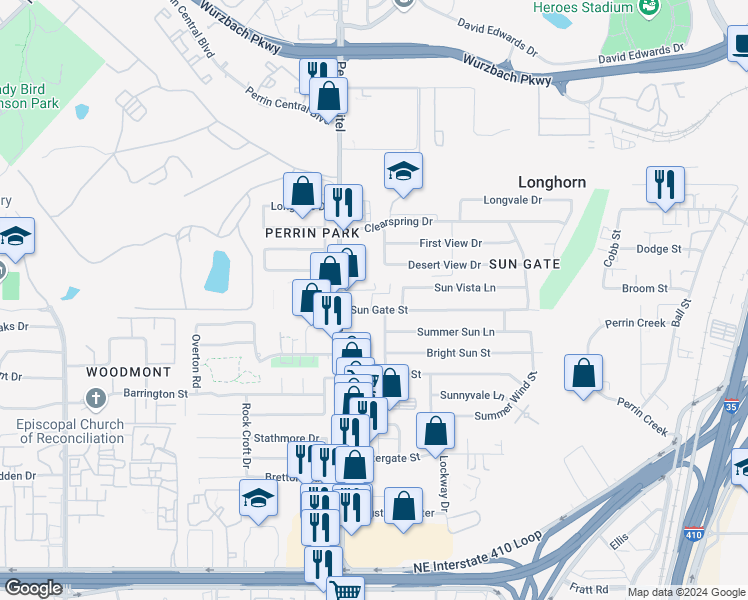 map of restaurants, bars, coffee shops, grocery stores, and more near 4250 Spring Dawn Street in San Antonio