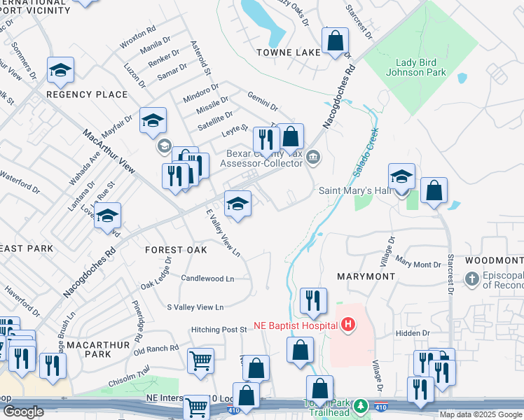 map of restaurants, bars, coffee shops, grocery stores, and more near 3250 Nacogdoches Road in San Antonio