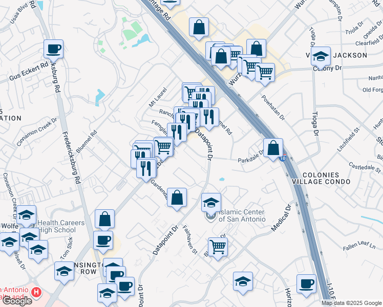 map of restaurants, bars, coffee shops, grocery stores, and more near 4100 Parkdale Street in San Antonio