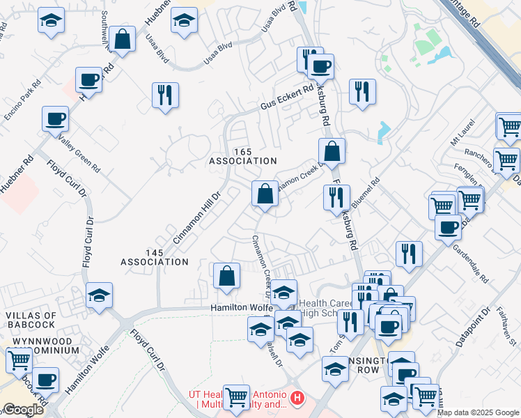 map of restaurants, bars, coffee shops, grocery stores, and more near 15 Cinnamon Creek Drive in San Antonio