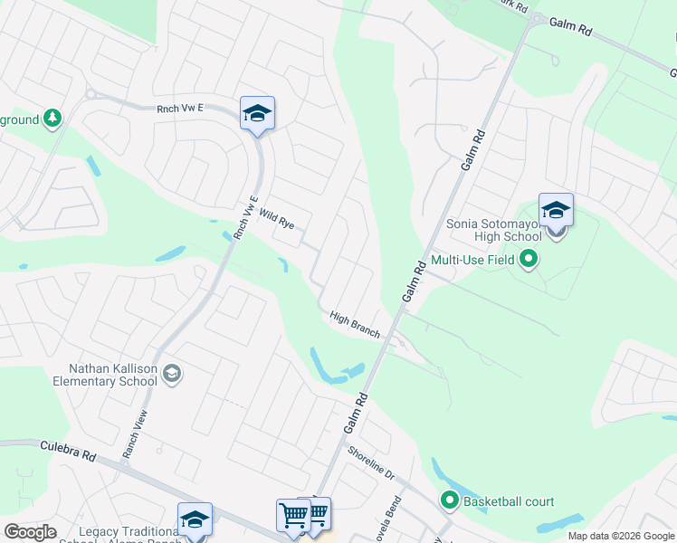 map of restaurants, bars, coffee shops, grocery stores, and more near 8938 High Branch in San Antonio