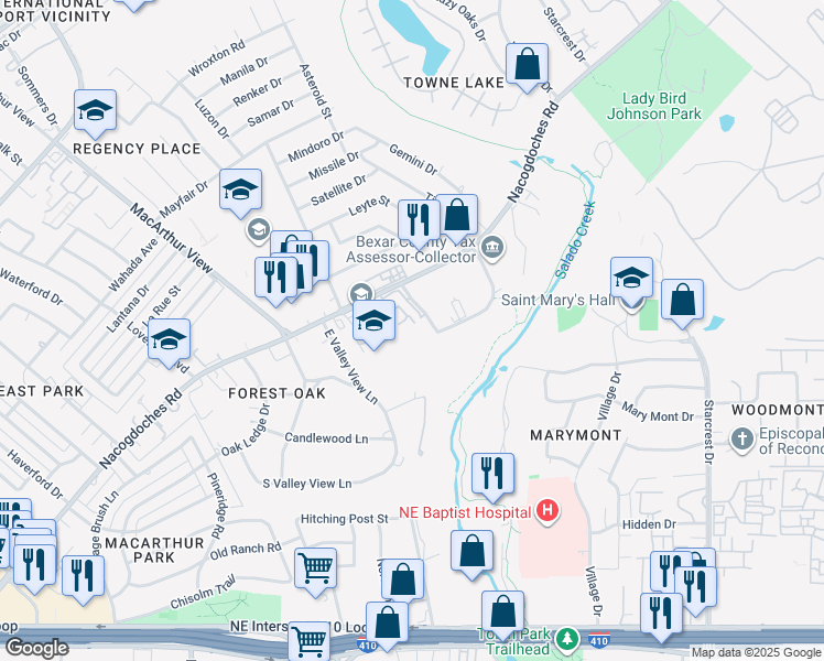 map of restaurants, bars, coffee shops, grocery stores, and more near 3250 Nacogdoches Road in San Antonio