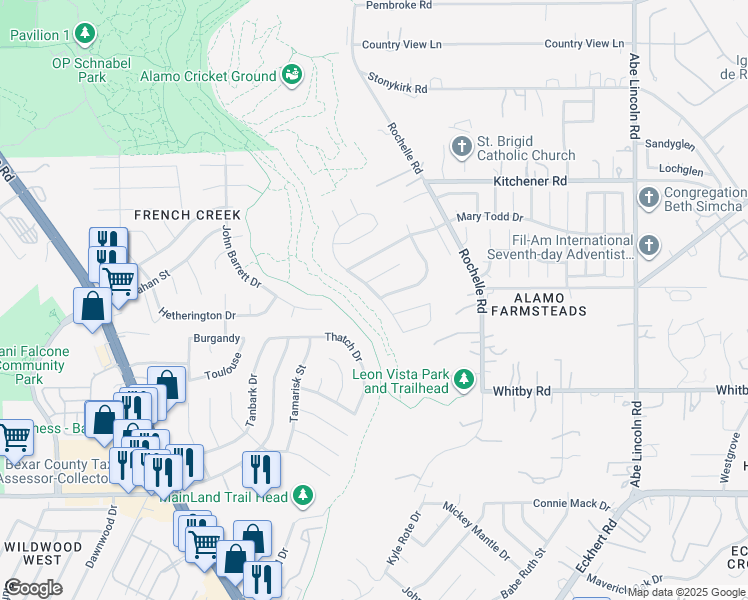 map of restaurants, bars, coffee shops, grocery stores, and more near 9207 Maverick Pass in San Antonio