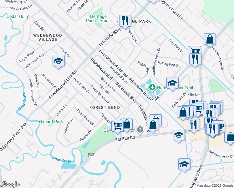 map of restaurants, bars, coffee shops, grocery stores, and more near 16910 Barcelona Drive in Friendswood