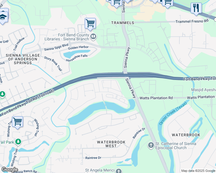 map of restaurants, bars, coffee shops, grocery stores, and more near 5222 Avalon Point in Missouri City