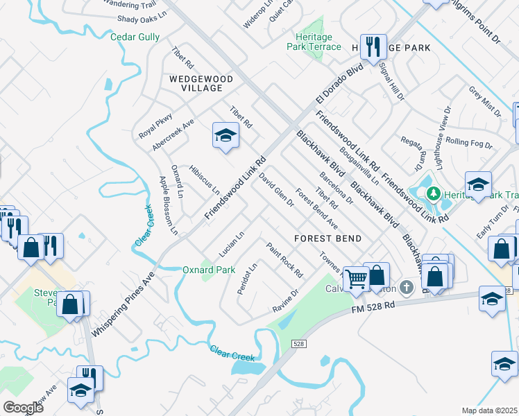 map of restaurants, bars, coffee shops, grocery stores, and more near 4010 Lucian Lane in Friendswood