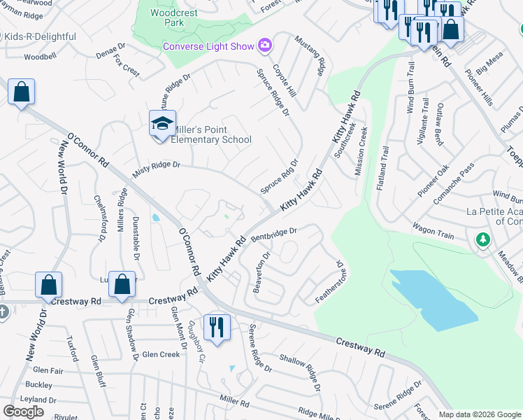 map of restaurants, bars, coffee shops, grocery stores, and more near 7455 Kitty Hawk Road in Universal City