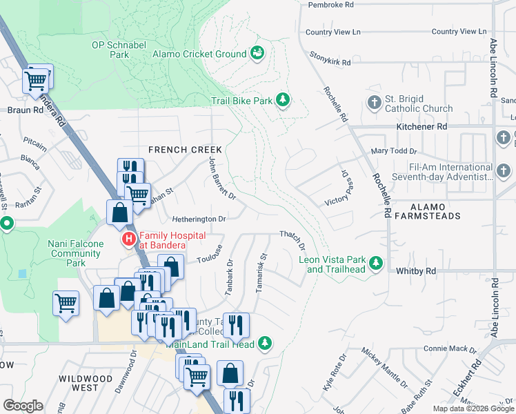 map of restaurants, bars, coffee shops, grocery stores, and more near 8911 Oakwood Court in San Antonio