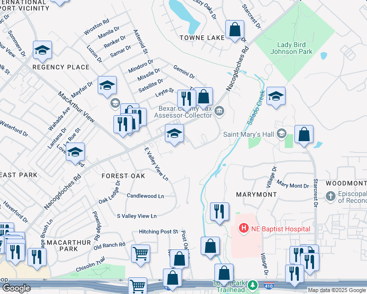 map of restaurants, bars, coffee shops, grocery stores, and more near 3250 Nacogdoches Road in San Antonio