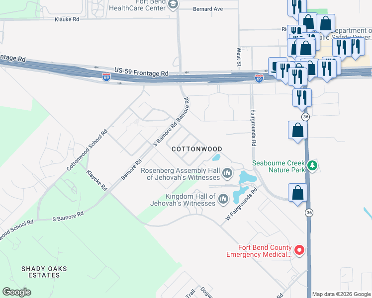 map of restaurants, bars, coffee shops, grocery stores, and more near 1135 Desert Oasis Lane in Rosenberg