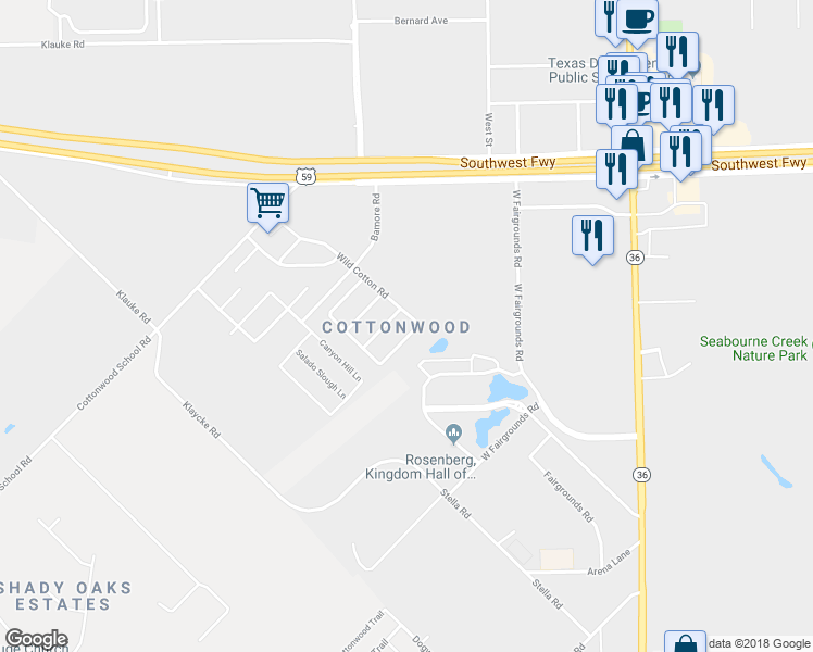 map of restaurants, bars, coffee shops, grocery stores, and more near 1106 Desert Palms Lane in Rosenberg