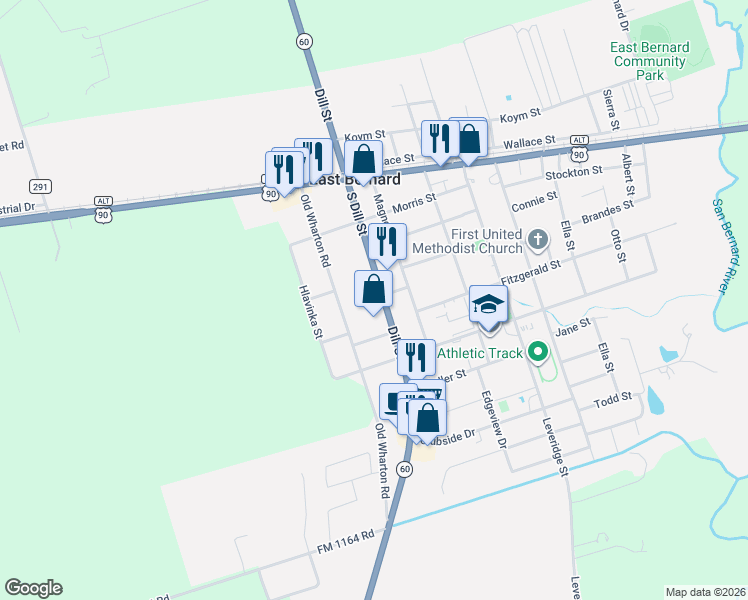 map of restaurants, bars, coffee shops, grocery stores, and more near 435 Old Wharton Road in East Bernard