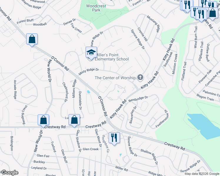map of restaurants, bars, coffee shops, grocery stores, and more near 7461 Kitty Hawk Road in Converse