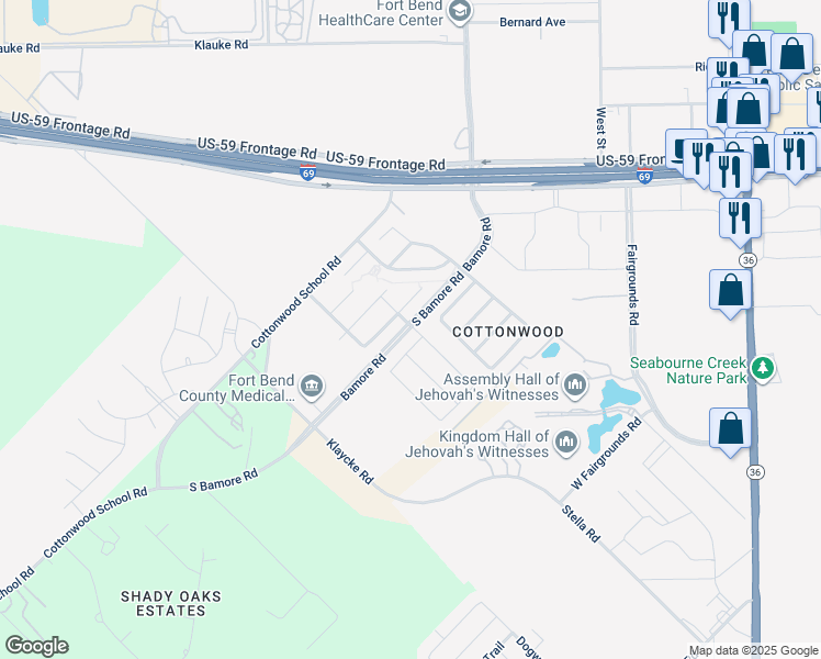 map of restaurants, bars, coffee shops, grocery stores, and more near 1312 Barton Creek Lane in Rosenberg