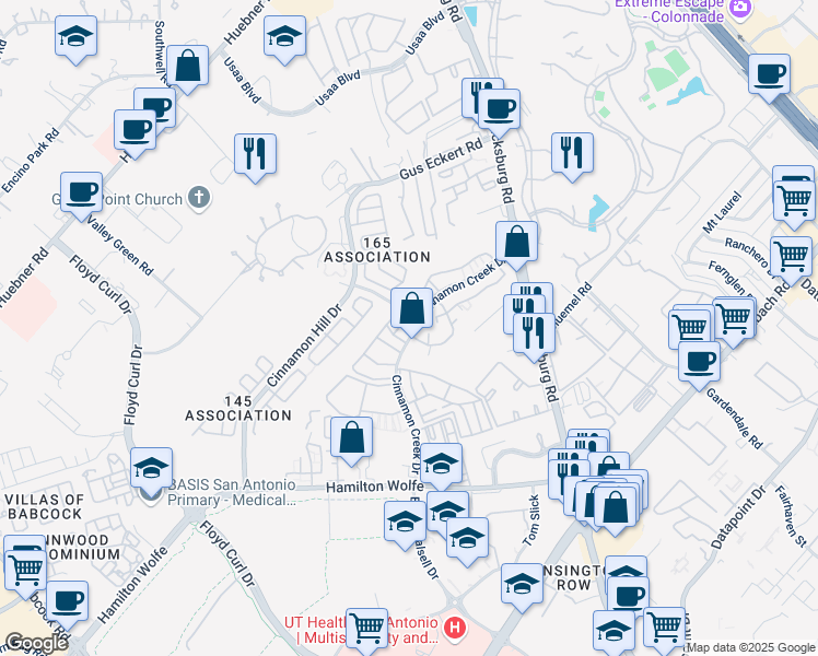 map of restaurants, bars, coffee shops, grocery stores, and more near 15 Cinnamon Creek Drive in San Antonio