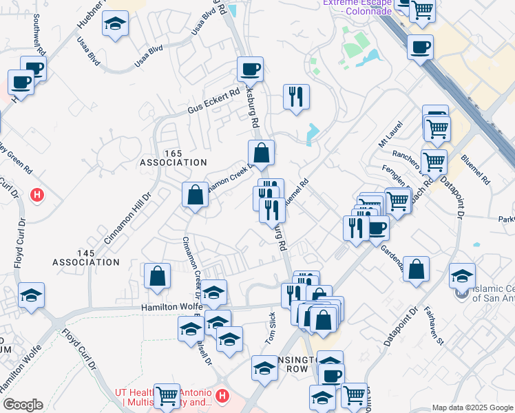 map of restaurants, bars, coffee shops, grocery stores, and more near 9505 Fredericksburg Road in San Antonio