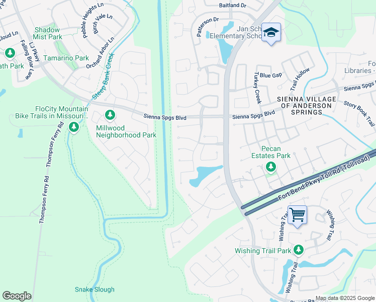 map of restaurants, bars, coffee shops, grocery stores, and more near 7010 Ladera Lane in Missouri City