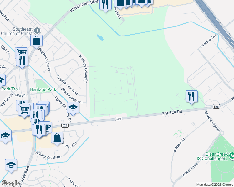 map of restaurants, bars, coffee shops, grocery stores, and more near 2700-2898 Farm to Market Road 528 in Webster