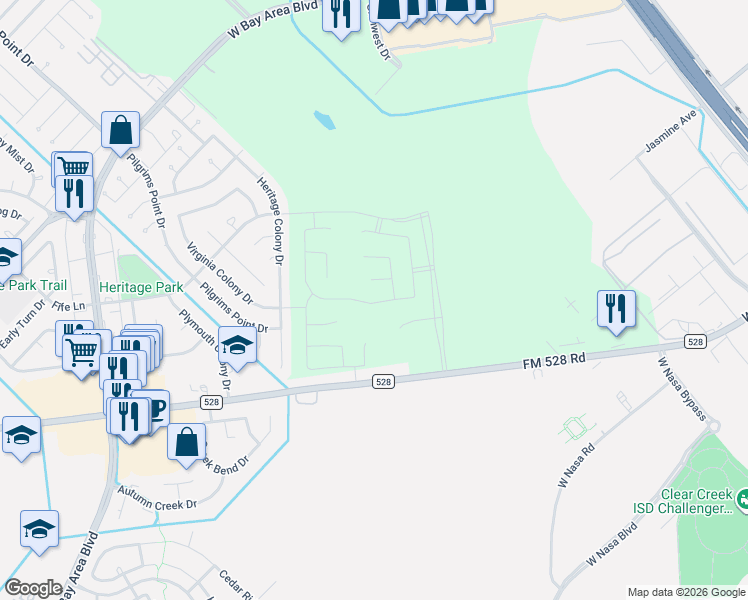 map of restaurants, bars, coffee shops, grocery stores, and more near 2700-2898 Farm to Market Road 528 in Webster