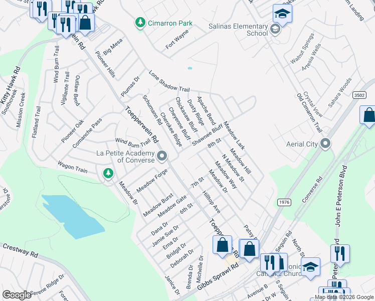 map of restaurants, bars, coffee shops, grocery stores, and more near 8416 8th Street in Converse