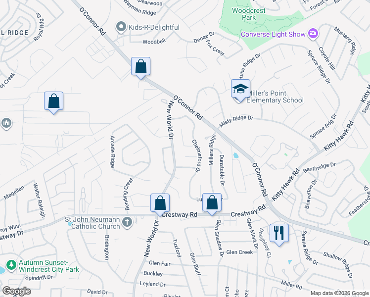 map of restaurants, bars, coffee shops, grocery stores, and more near 607 Chelsea Wood in San Antonio