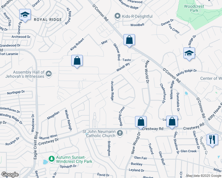 map of restaurants, bars, coffee shops, grocery stores, and more near 9606 Arcade Ridge in San Antonio