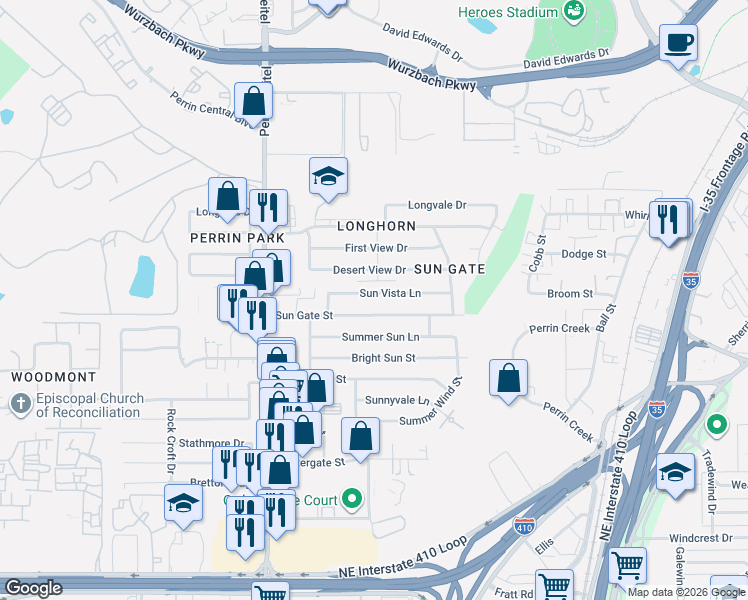 map of restaurants, bars, coffee shops, grocery stores, and more near 4342 Sun Gate Street in San Antonio