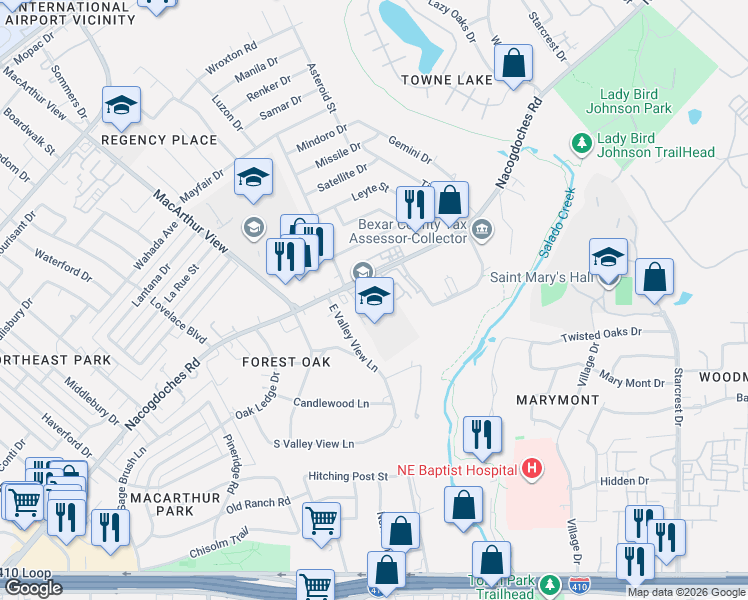 map of restaurants, bars, coffee shops, grocery stores, and more near 3250 Nacogdoches Road in San Antonio