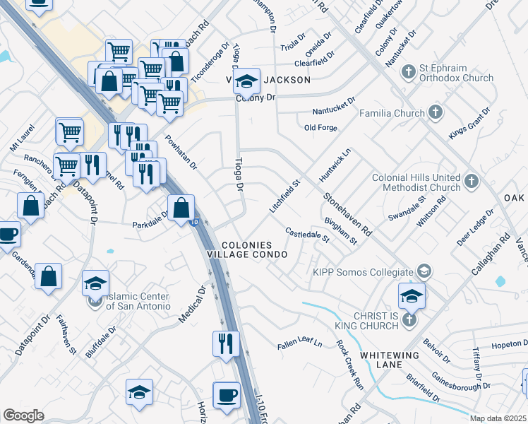 map of restaurants, bars, coffee shops, grocery stores, and more near 3722 Litchfield Street in San Antonio