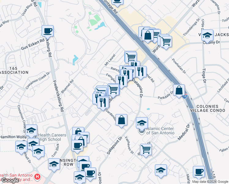 map of restaurants, bars, coffee shops, grocery stores, and more near 9030 Wurzbach Road in San Antonio
